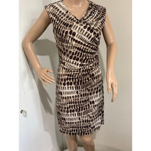 Women's Vince Camuto Petite Brown Beige Animal Print ruched Sheath knit Dress PS